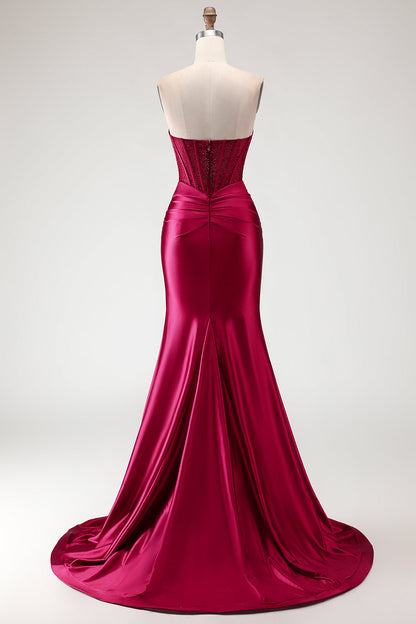 Sparkly Fuchsia Plus Size Mermaid Strapless Long Corset Prom Dress with Slit