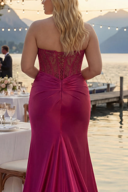 Sparkly Fuchsia Plus Size Mermaid Strapless Long Corset Prom Dress with Slit