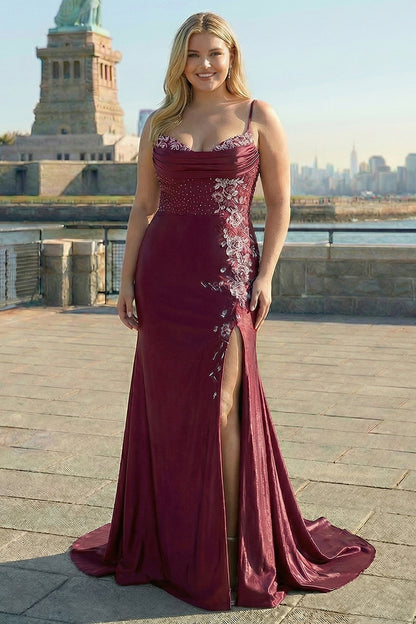 Navy Plus Size Appliqued Mermaid Satin Long Corset Prom Dress with Slit