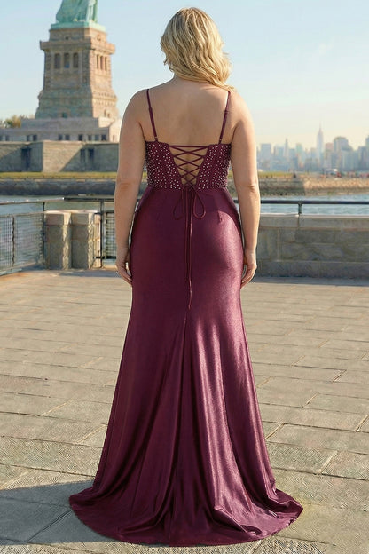 Navy Plus Size Appliqued Mermaid Satin Long Corset Prom Dress with Slit