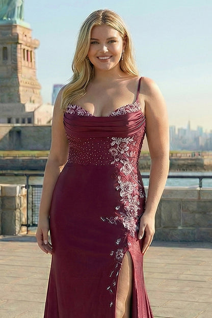 Navy Plus Size Appliqued Mermaid Satin Long Corset Prom Dress with Slit
