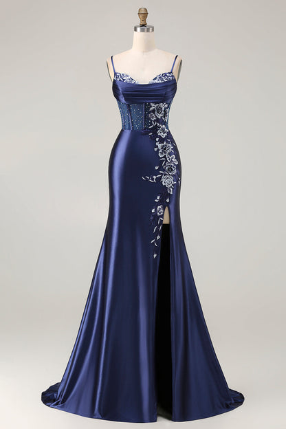 Navy Plus Size Appliqued Mermaid Satin Long Corset Prom Dress with Slit