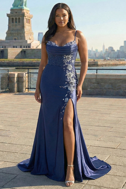 Navy Plus Size Appliqued Mermaid Satin Long Corset Prom Dress with Slit