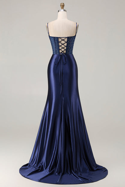 Navy Plus Size Appliqued Mermaid Satin Long Corset Prom Dress with Slit