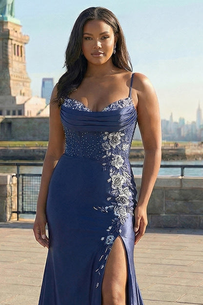 Navy Plus Size Appliqued Mermaid Satin Long Corset Prom Dress with Slit