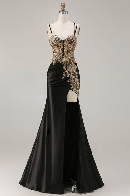 Plus Size Sparkly Floral Dark Green Mermaid Satin Long Corset Prom Dress with Slit