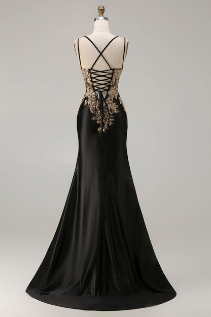 Plus Size Sparkly Floral Dark Green Mermaid Satin Long Corset Prom Dress with Slit