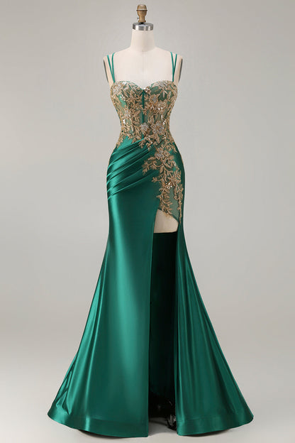 Plus Size Sparkly Floral Dark Green Mermaid Satin Long Corset Prom Dress with Slit