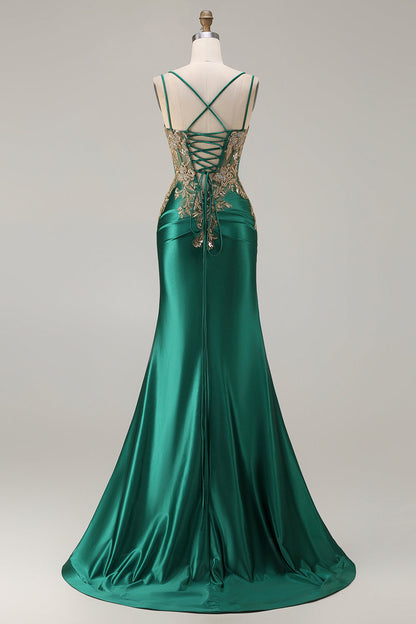 Plus Size Sparkly Floral Dark Green Mermaid Satin Long Corset Prom Dress with Slit