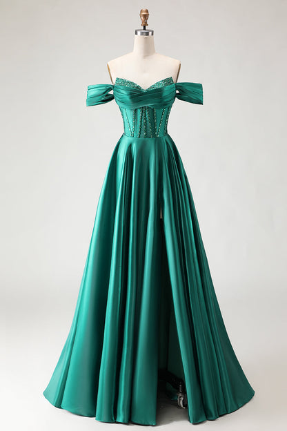 Sparkly Plus Size Purple Satin A Line Long Corset Prom Dress with Slit