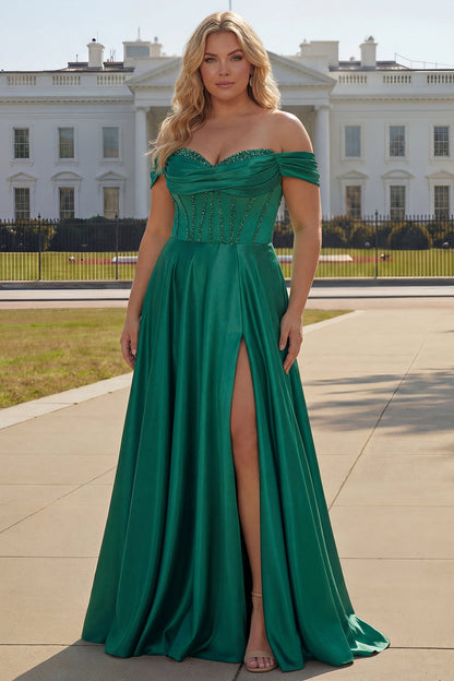Sparkly Plus Size Purple Satin A Line Long Corset Prom Dress with Slit