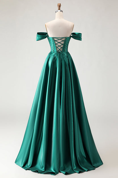 Sparkly Plus Size Purple Satin A Line Long Corset Prom Dress with Slit