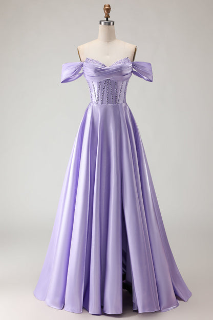 Sparkly Plus Size Purple Satin A Line Long Corset Prom Dress with Slit
