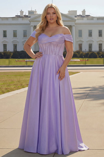 Sparkly Plus Size Purple Satin A Line Long Corset Prom Dress with Slit