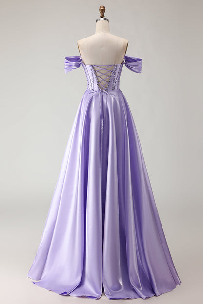 Sparkly Plus Size Purple Satin A Line Long Corset Prom Dress with Slit