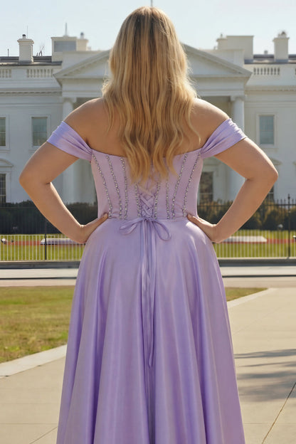 Sparkly Plus Size Purple Satin A Line Long Corset Prom Dress with Slit