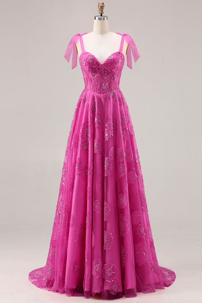 Floral Plus Size Fuchsia A Line Long Corset Prom Dress with Beading