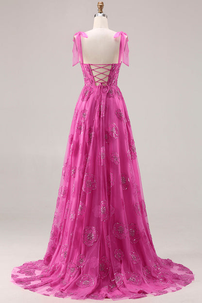 Floral Plus Size Fuchsia A Line Long Corset Prom Dress with Beading