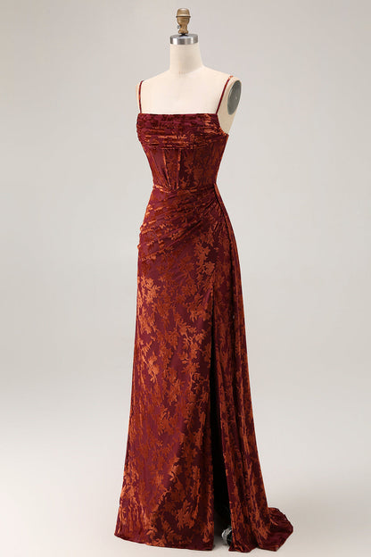 Burgundy Corset Spaghetti Straps Velvet Long Wedding Guest Dress with Slit