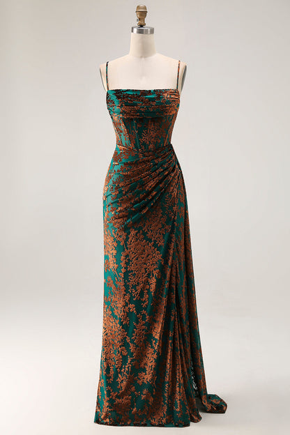 Dark Green Corset Velvet Floral Long Wedding Guest Dress with Side Cape