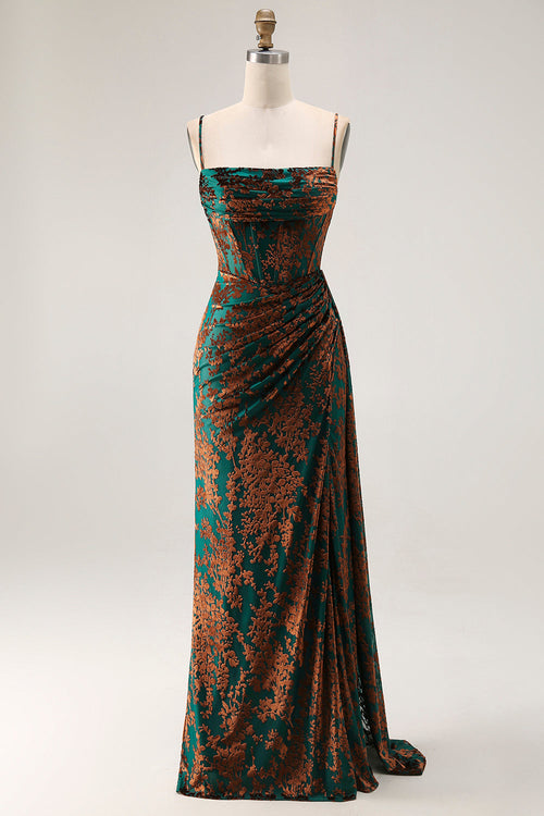 Dark Green Corset Velvet Floral Long Wedding Guest Dress with Side Cape