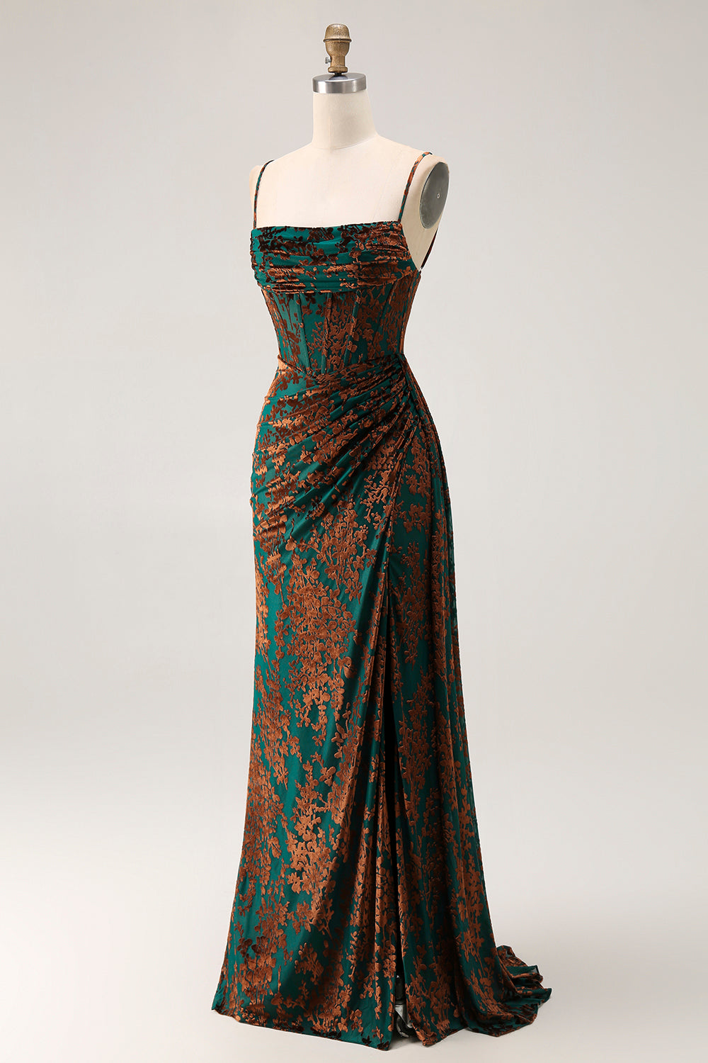 Dark Green Corset Velvet Floral Long Wedding Guest Dress with Side Cape
