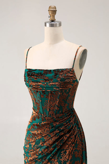 Dark Green Corset Velvet Floral Long Wedding Guest Dress with Side Cape