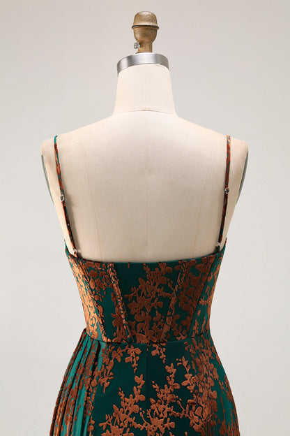 Dark Green Corset Velvet Floral Long Wedding Guest Dress with Side Cape