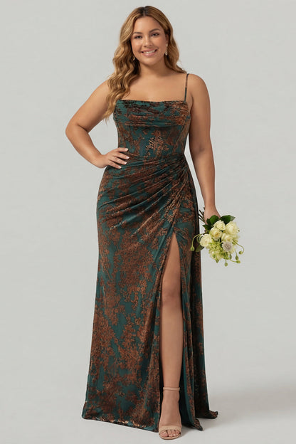 Burgundy Corset Spaghetti Straps Velvet Long Wedding Guest Dress with Slit