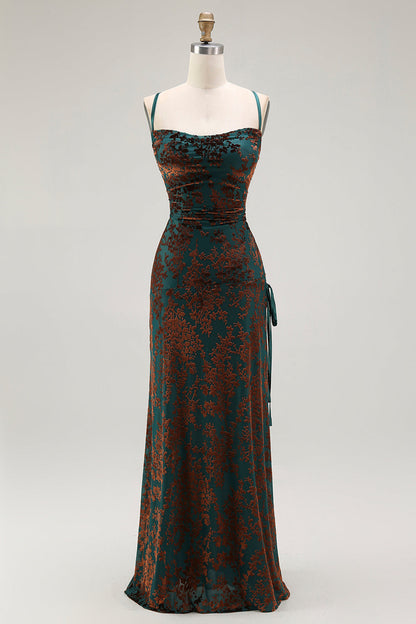 Dark Green Sheath Velvet Spaghetti Straps Long Bridesmaid Dress