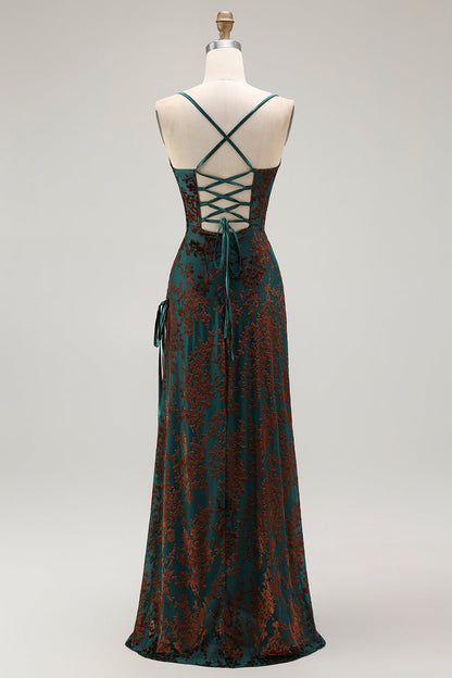 Dark Green Sheath Velvet Spaghetti Straps Long Bridesmaid Dress
