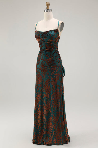Dark Green Sheath Velvet Spaghetti Straps Long Bridesmaid Dress