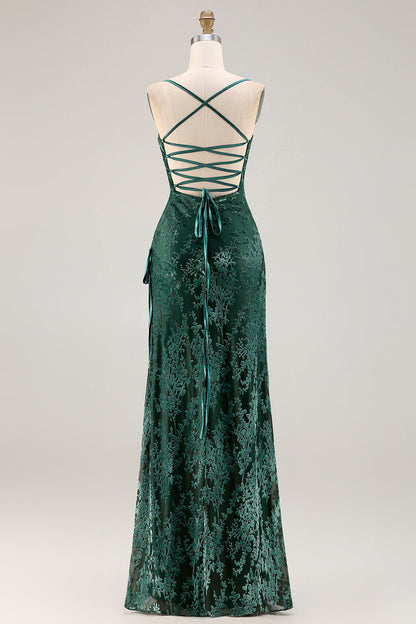 Dark Green Sheath Velvet Spaghetti Straps Long Bridesmaid Dress
