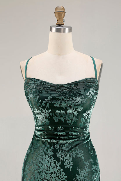 Dark Green Sheath Velvet Spaghetti Straps Long Bridesmaid Dress