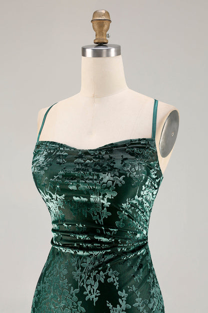 Dark Green Sheath Velvet Spaghetti Straps Long Bridesmaid Dress