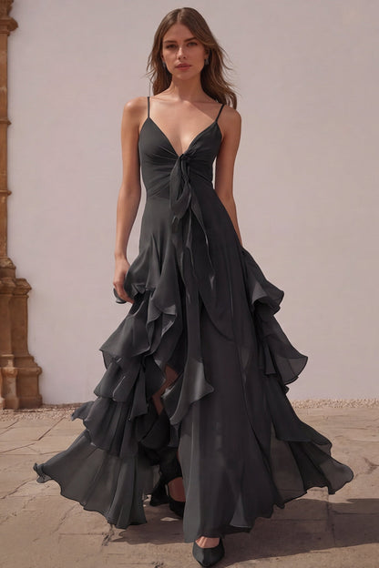 Dusty Blue Chiffon Spaghetti Straps A-Line Long Bridesmaid Dress with Ruffles