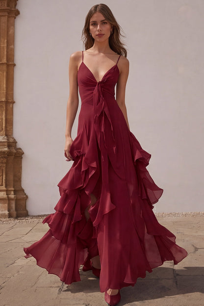 Dusty Blue Chiffon Spaghetti Straps A-Line Long Bridesmaid Dress with Ruffles