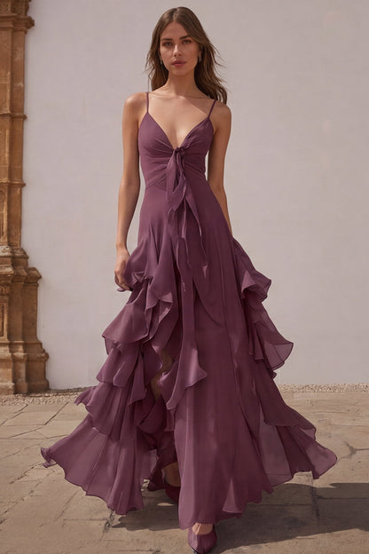 Dusty Blue Chiffon Spaghetti Straps A-Line Long Bridesmaid Dress with Ruffles