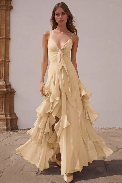 Dusty Blue Chiffon Spaghetti Straps A-Line Long Bridesmaid Dress with Ruffles
