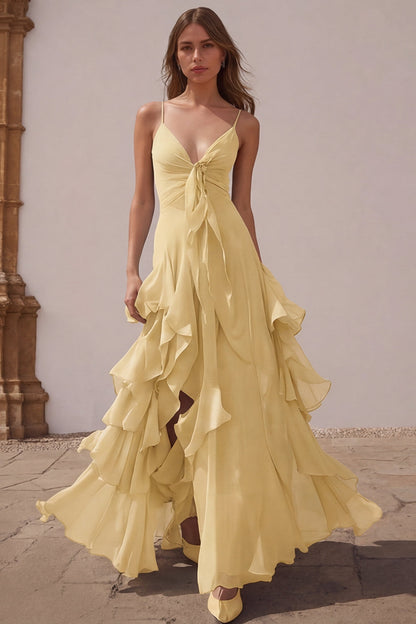 Dusty Blue Chiffon Spaghetti Straps A-Line Long Bridesmaid Dress with Ruffles
