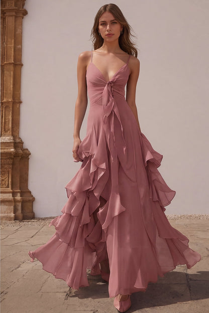 Dusty Blue Chiffon Spaghetti Straps A-Line Long Bridesmaid Dress with Ruffles