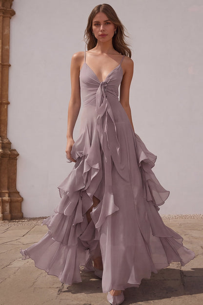 Dusty Blue Chiffon Spaghetti Straps A-Line Long Bridesmaid Dress with Ruffles