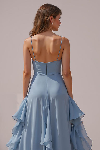 Dusty Blue Chiffon Spaghetti Straps A-Line Long Bridesmaid Dress with Ruffles