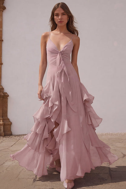 Dusty Blue Chiffon Spaghetti Straps A-Line Long Bridesmaid Dress with Ruffles