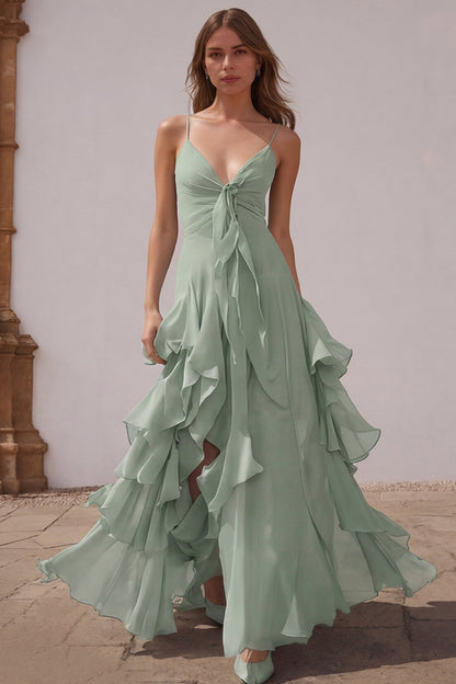 Dusty Blue Chiffon Spaghetti Straps A-Line Long Bridesmaid Dress with Ruffles