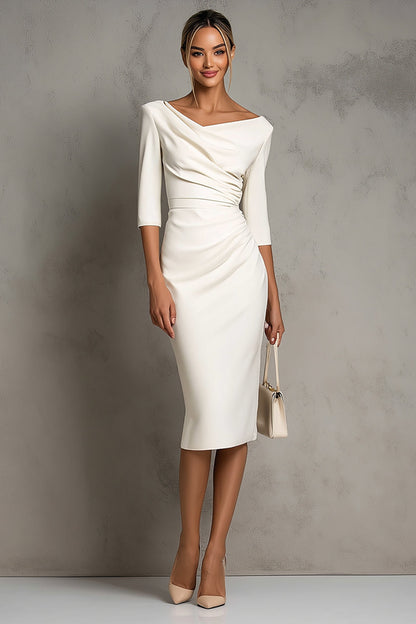 Simple Ivory Plus Size Pencil Ruched Midi Work Dress with Slit
