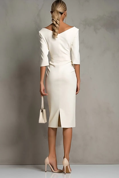 Simple Ivory Plus Size Pencil Ruched Midi Work Dress with Slit