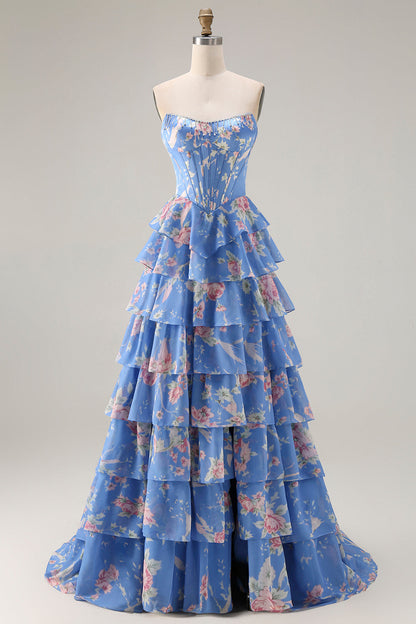 Plus Size Floral Dark Blue Tiered Ruffled A Line Long Corset Prom Dress with Slit