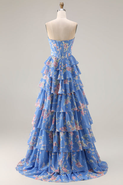 Plus Size Floral Dark Blue Tiered Ruffled A Line Long Corset Prom Dress with Slit