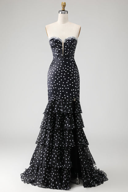 Plus Size Black and White Polka Dots Mermaid Long Corset Prom Dress with Ruffles
